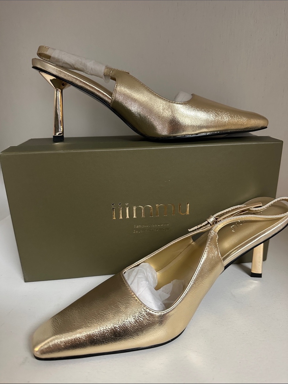 IIMMU Metallic Gold Slingback Pointed-Toe Heels